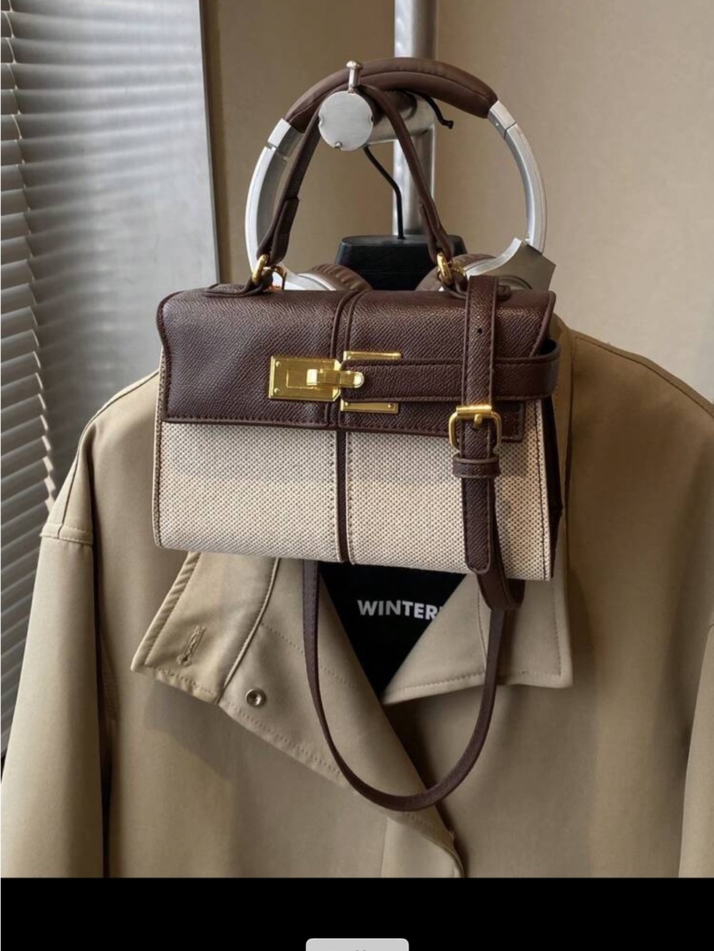 NWT Women's Brown and Cream Structured Leather Canvas Satchel